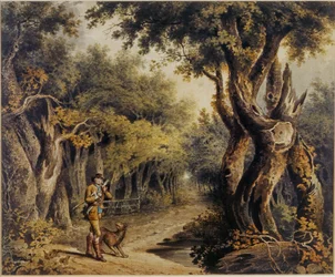 Scène de Forêt avec Bûcheron et Chien